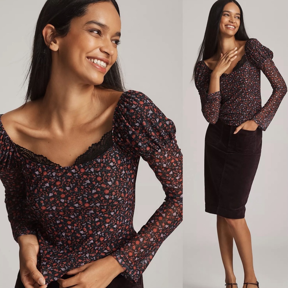Anthropologie Maeve Mutton-Sleeve Scoop-Neck Ditsy Floral Top